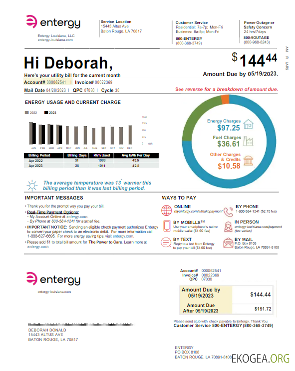 Usa Entergy utility bill word and pdf template